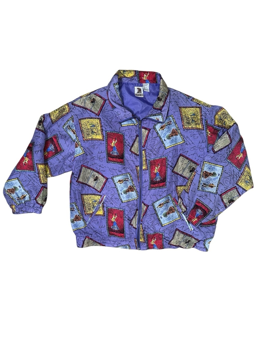 Vintage Latch On Women’s L Purple Silk All-Over Patch Print Zip Up Bomber Jacket